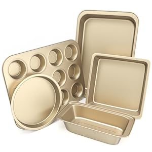 CasaCulina Baking Pans Set, 5-Piece Nonstick Bakeware Sets with Round/Square Cake Pan, Muffin Loaf Roast Pan, Baking Sheets for Oven, Kitchen Cookware Sets Baking Tray Baking Supplies, Gold