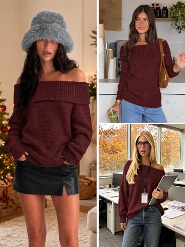 ATHMILE Womens Off The Shoulder Sweaters Oversized Batwing Sleeve Loose Pullover Fall Outfits Winter Fashion Tops 2026 Wine Red — view 5
