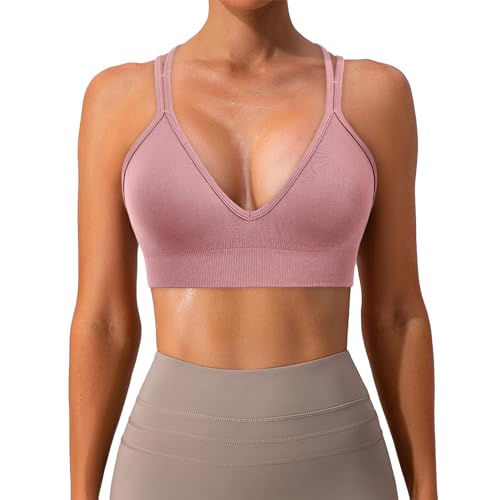 Image of Sports Bra for Women V-Neck Strappy Criss Cross Yoga Bra Padded Medium Support Workout Gym Athletic Fitness Bras 3 Pack
