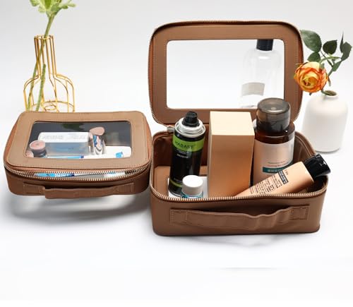 SANHECUN Cosmetic Case with Zipper TSA Approved Storage Box Travel Organizer Pouch Toiletry Portable Makeup Bag Cosmetic Set (2, Brown)4
