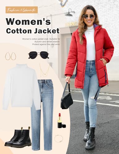 Yuson Girl Wintermantel Damen Warm Steppjacke Parka Lang Mantel Winter Jacke mit Kapuze Herbst Winter Steppmantel Outdoorjacke Elegant Kapuzenmantel mit Zipper, Tasche(Rot, L)