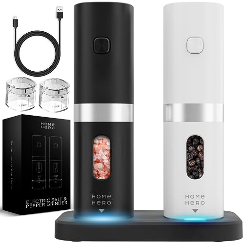 Home Hero Electric Salt and Pepper Grinder Set - Automatic Salt and Pepper Grinder Set Rechargeable. Electronic Salt and Pepper Shakers with LED Light, Electric Pepper Grinder & Salt Grinder, Set of 2 by Home Hero - Used condition - US$16.14