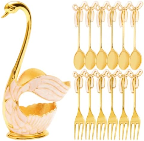 Gold Coffee Spoon Holder with 12pcs Ice Cream Spoons & Forks, Coffee Dessert Spoon Set, Metal Swan Base Holder Teaspoons Organizer, Coffee Dessert Flatware