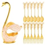 Gold Coffee Spoon Holder with 12pcs Ice Cream Spoons & Forks, Coffee Dessert Spoon Set, Metal Swan B