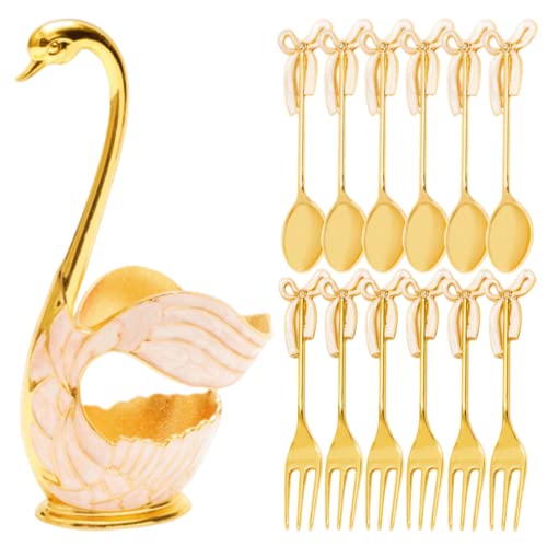 Gold Coffee Spoon Holder With 12Pcs Ice Cream Spoons & Forks, Coffee Dessert Spoon Set, Metal Swan Base Holder Teaspoons Organizer, Coffee Dessert Flatware #TOP3