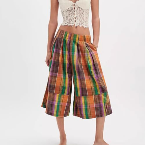 Womens Summer Boho Wide Leg Culotte Retro Plaid Pants PalazzoTrousers Colorful Plaid Capris with Pockets3