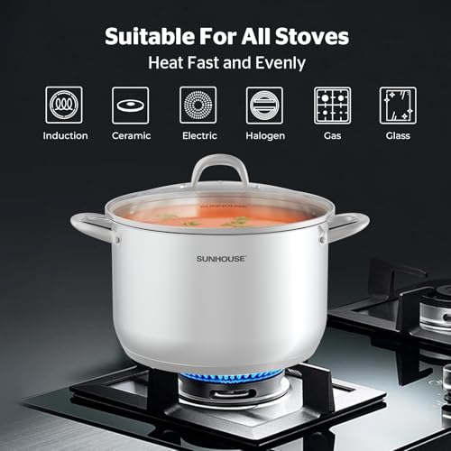 SUNHOUSE Stainless Steel Stock Pot - 13 Quart Heavy-Duty Induction Cooking Pot with Visible Lid for Pasta, Soup, Spaghetti - Nonstick Thick-Bottom Deep Stockpot for Canning, Boiling, and Simmering - Thumbnail 5