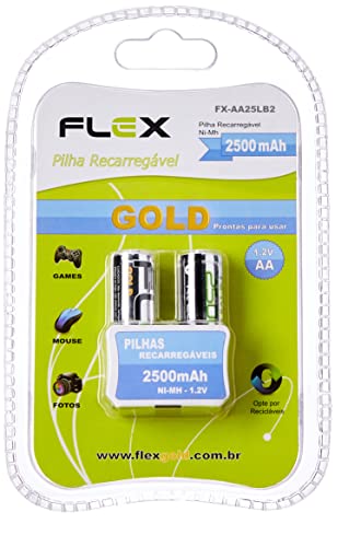 Pilha Recarregavel Pequena Aa Flex Gold 2500Mah - Blister Com 2, Flex, Fx-Aa25Lb2, Pacote De 2