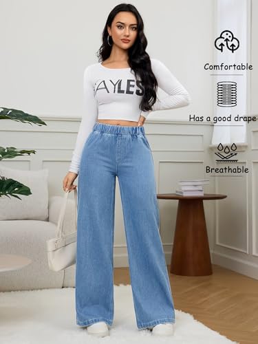 Image of ADBUCKS Women's Stretchy Elastic Waist Wide-Leg Jeans - Minimalist Pocket-Free Drapey Denim Pants, Comfortable Pull-On Style, Ideal for Daily Commute & Casual Wear