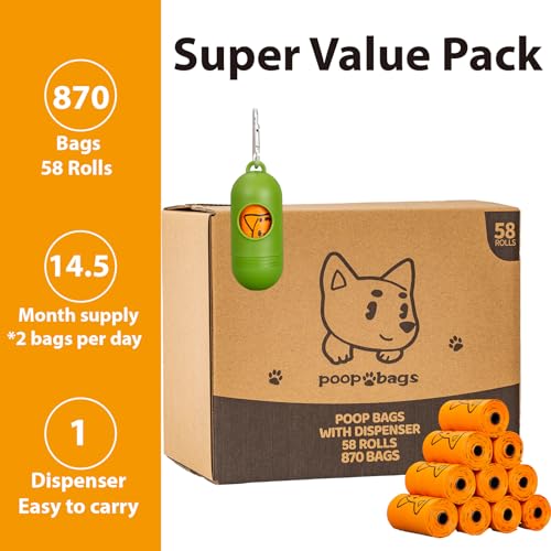 Image of Scented Dog Poop Bags With Dispenser, Strong and Leak-proof Waste Bags for Pets, 870 Count (58 Packs of 15), 13 Inch x 9 Inch (Orange)