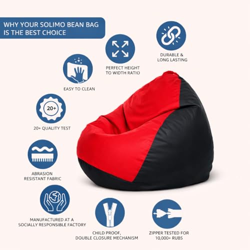 Image of Amazon Brand - Solimo Bean Bag Cover 4XL Without Beans, Faux Leather Bean Bags Cover with Handle & Zipper, Bean Bag Cover for Living Room & Bedroom | 6 Months Warranty (Red & Black)