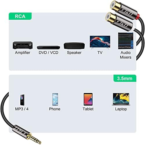 J&D 3.5mm to 2 RCA Cable, Gold Plated Copper Shell Heavy Duty 3.5mm Male to 2RCA Female Stereo Audio Adapter Extension Cable, 1 Feet