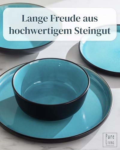 Steingut Geschirrset 6 Personen Ibiza 24 tlg. TESTSIEGER, Traumhaftes Mediterranes Steingut Geschirr Set, Schüssel- und Teller Set, Tafelservice 6 Personen, Geschirrsets Pure Living in Aquamarin