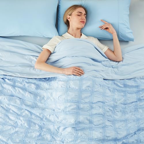 Cozy Bliss Cooling Comforter King Size Seersucker Plaid, Q-Max 0.4 Reversible Lightweight Cooling Blanket, Breathable Silk Smooth Summer Bedding Quilt for Hot Sleepers Night Sweats Blue