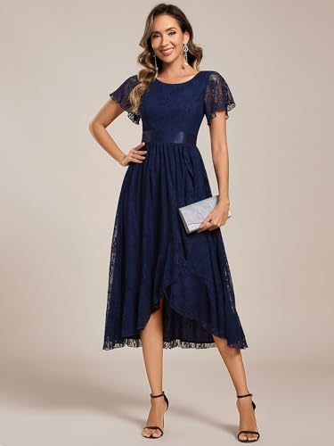 Image of Ever-Pretty Women's Lace Short Sleeve Round Neck Empire Waist Midi High Low Evening Gown 03489