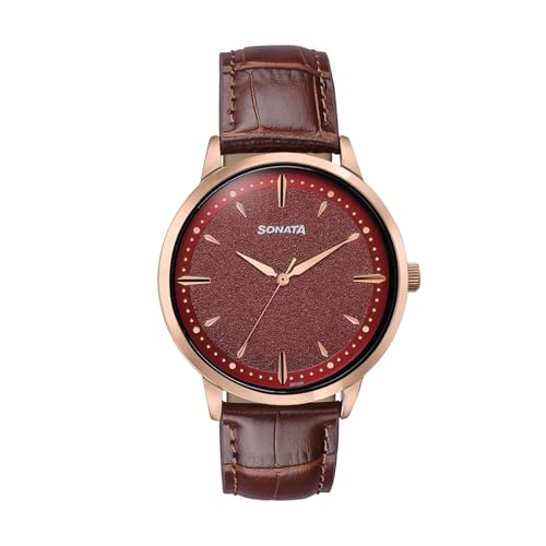 Image of Sonata Jashn with Quartz Analog Red Dial Brown Leather Strap Men's Wedding Watch - 77208WL01