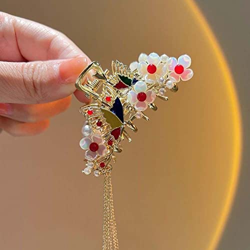 Bybycd Ancient Style Hair Clip Sweet Girls Female Hair Accessories Butterfly Lute Shell Red Tassel Hair Claw(E) #TOP2