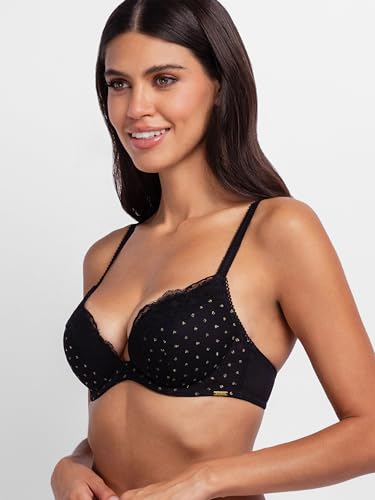 Dorina Push-Up Plunge BH Origins – Bügel-BH, Vorgeformte Cups, Glitzer-Punkt-Mesh, Spitzenbesatz & Verstellbare Träger, Schwarz