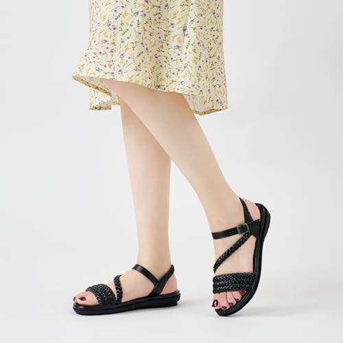 Image of Aomigoct Dressy Womens Sandals Summer: Comfortable Strappy Flats Sandals Women - Casual Walking Woman Shoes