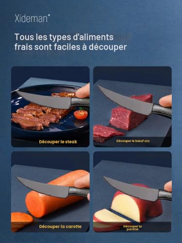Xideman® Lot de 6 couteaux à steak dentelés 2 en 1 innovants ultra tranchants pour dîner et steak (23,2 cm) en acier inoxydable à haute teneur en carbone avec manche solide martelé (noir) – vue 4