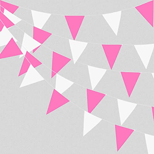 Banderines banderines tela rosa y blanca, 40 metros, 131 pies, banderas triangulares al aire libre para niñas, mujeres, decoraciones fiesta boda, aniversario, San Valentín