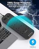 Black Extension Lead, 8 Way Outlets Power Strip with 4 USB Ports, 1800J Surge Protection Double Switch Plug Extension with 1.8M Braided Extension Cord for Home, Office - Image 5