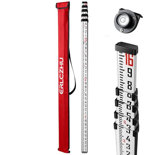 16 FT Sided Aluminum Grade Rod, 5 Sections Telescopic Measuring Rod, Double-Sided Scale Grade Stick, 10ths Grade Rod Telescopic Rectangular Leveling Rod with Bubble Level and Lock Button