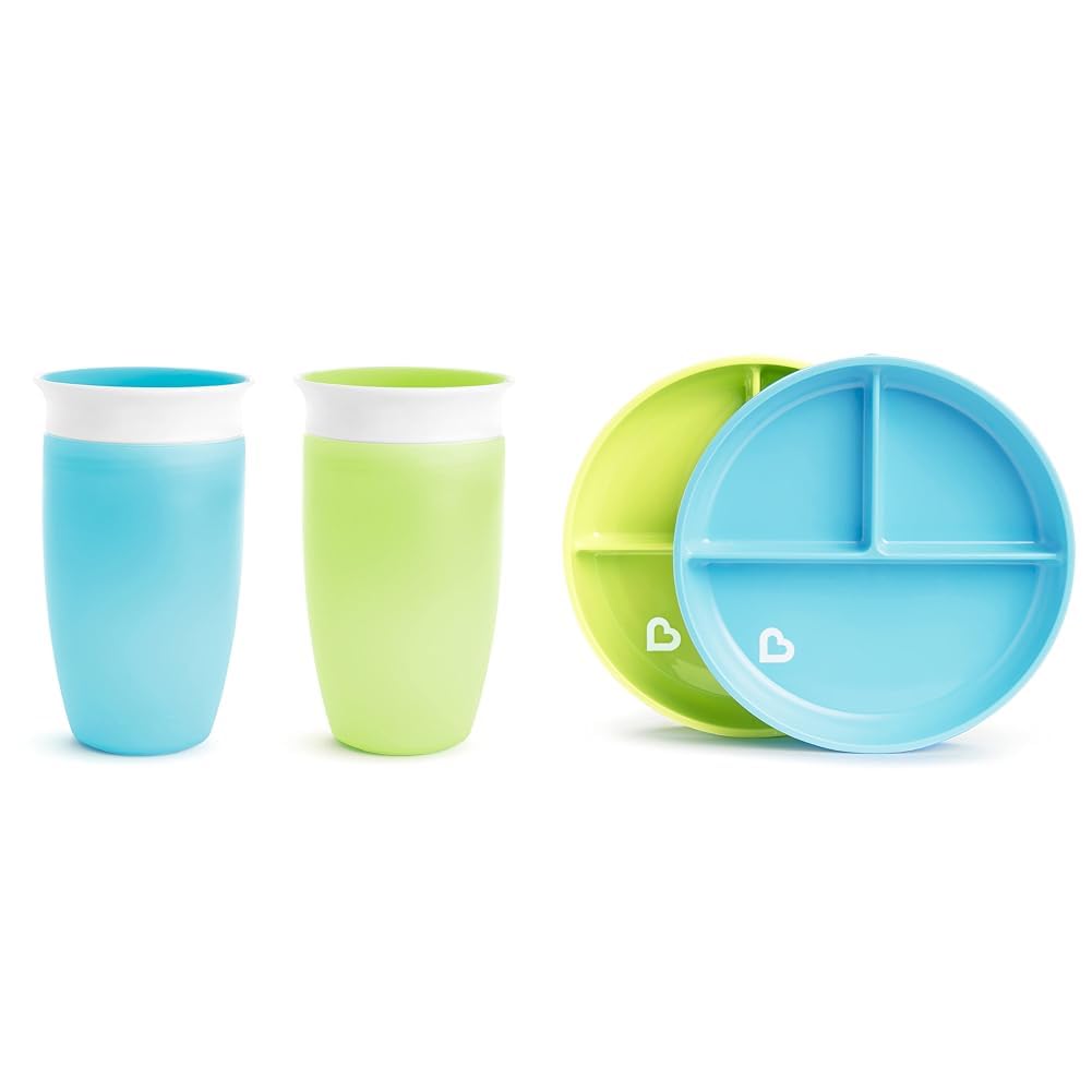 Munchkin Miracle 360 Sippy Cup 2 Pack and Stay Put Suction Toddler Plates, 10 Ounce Green/Blue and Blue/Green