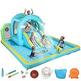 AIYAPLAY Castillo Hinchable Grande Acuático 7 en 1 con Soplador 450W Hinchable para Niños con Tobogán Seco/Agua, Columna de Boxeo Exterior/Interior 3-8 Años 426x360x198 cm
