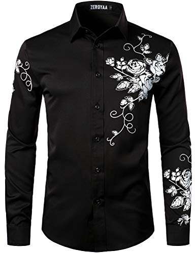 ZEROYAA Men's Hipster Rose Floral Printed Slim Fit Long Sleeve Button Up Party Dress Shirts ZZCL63 Black White Medium