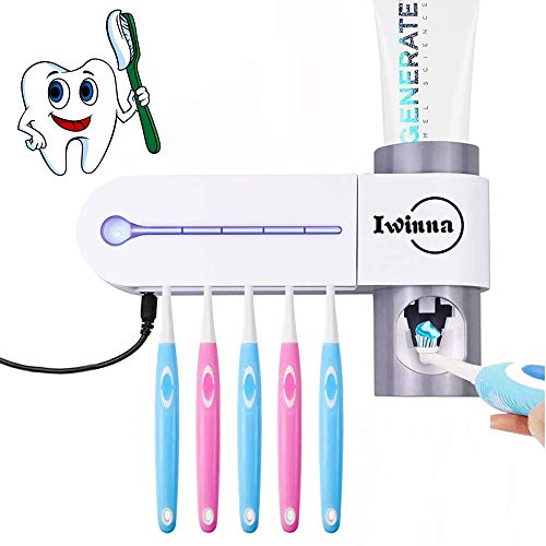 Iwinna Sanitizer, portaspazzolino Elettrico con Funzione di sterilizzazione, Montaggio a Parete, Ricaricabile, UV, per Bagno, Dispenser Automatico di dentifricio con 5 spazzolini（Spina Britannica）