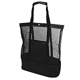 Insulated Beach Mesh Bag, Large Capacity Shoulder Bag with Detachable Cooler, Waterproof Lining, Zipper Pocket, Premium Material for Beach, Pool, Picnic, Travel (Black)