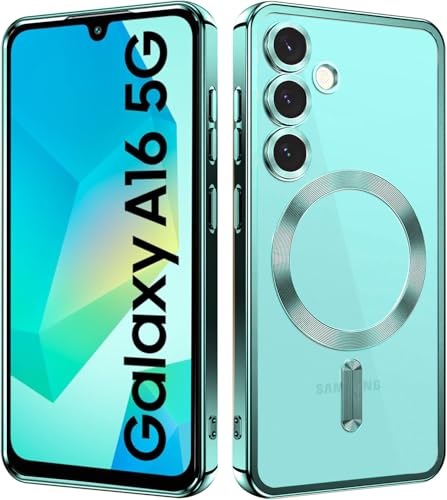 Image of VONZEE Clear Logo Electroplating Transparent Case for Samsung A16 5G, Magnetic Plating [Support for MagSafe Charger] Electroplate TPU Cover, Individual Camera Protection for Each Lens - Green