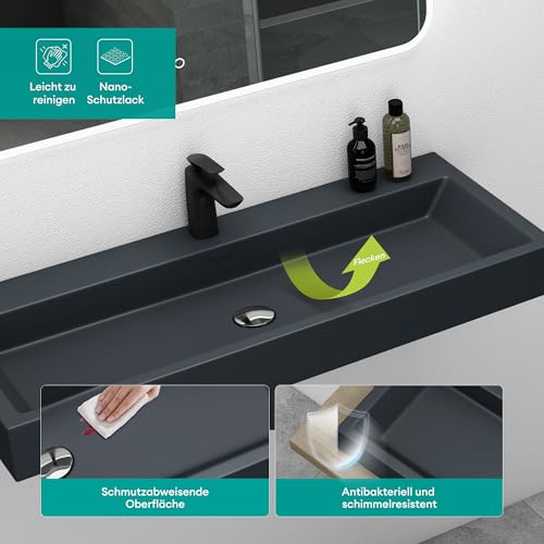 Mai & Mai Waschbecken Aufsatzwaschbecken Hängewaschbecken Breite: 76,5cm Waschschale Mineralguss in matt Anthrazit 1 Armaturenloch Bad Eckig Col06