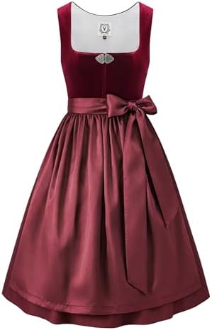 DIRNDLSTERN Damen Rot Trachtenkleid - Midi Oktoberfest Outfit Samt Dirndlkleid mit 60 cm Dirndlschürzen