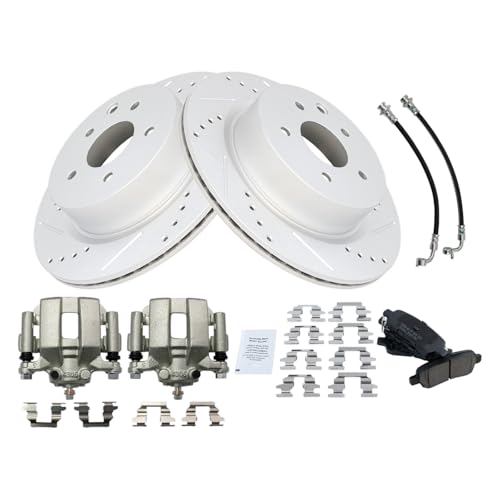 Image of TRQ Performance Rear Brake Pad and Rotor Set Ceramic Slotted Drilled G Coated Calipers Compatible with 2005 Infiniti G35 Nissan 350Z