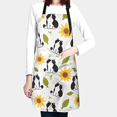 Wisedeal Cat And Sunflower Adjustable Bib Neck Apron Polyester With 2 Pockets Cooking Kitchen Aprons For Men And Women Chef, Mom Aunt Apron For Christmas Birthday Gifts For Grilling Bbq Chef Apron #TOP1