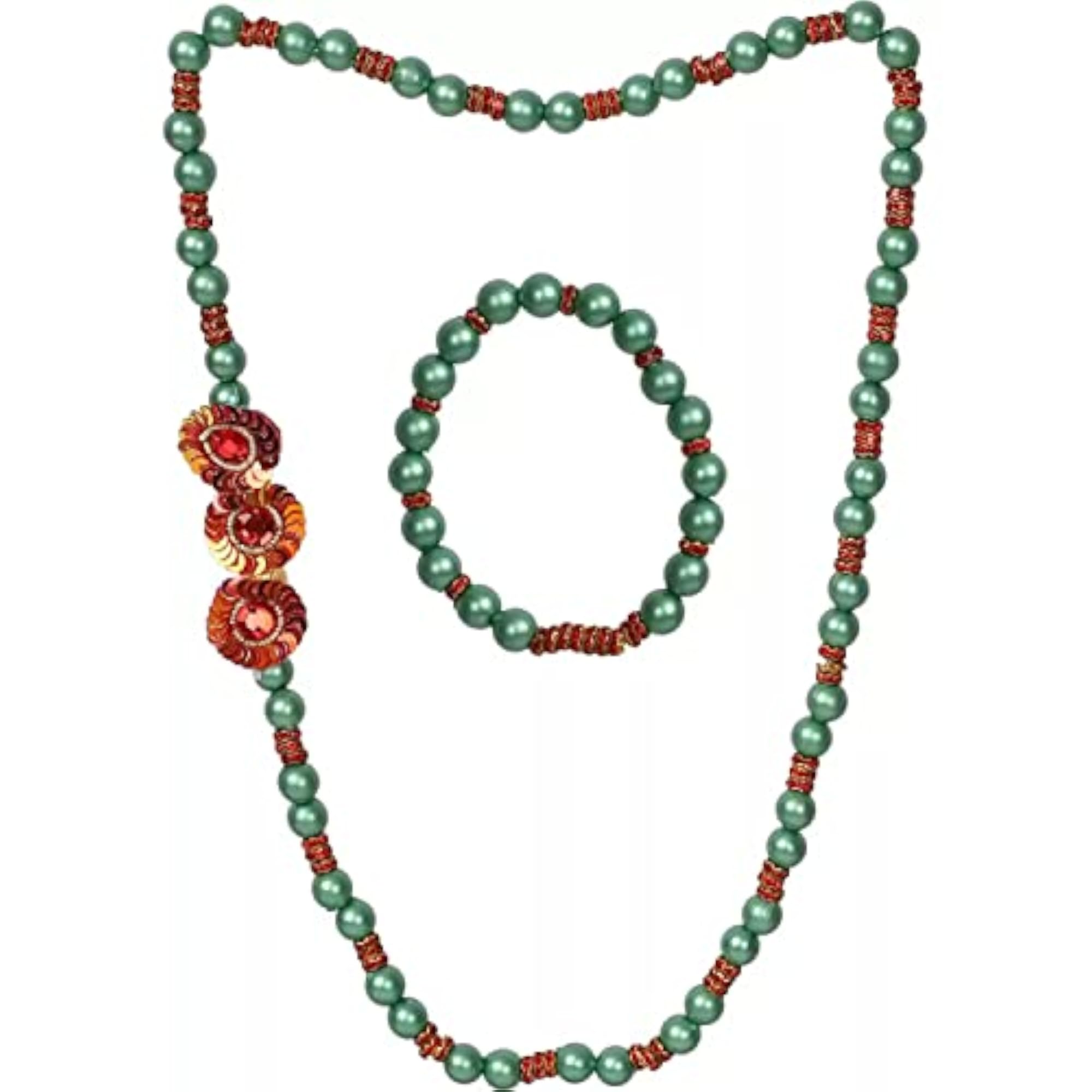 Ethnic Green Pearl Necklace & Bracelet Set, Gift-Ready