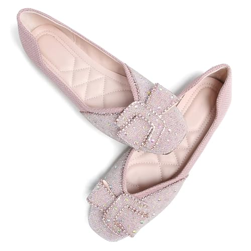 Image of SAILING LU Women's Rhinestone Square Toe Bowknots Ballet Flats Loafers
