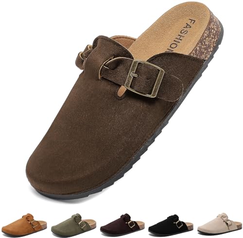 Image of Suede Clogs for Men Soft Cork Footbed Women's Clogs Mules with Arch Support, Adjustable Buckle Comfort Leather Potato Shoes, Slip-On Closed Toe Slippers