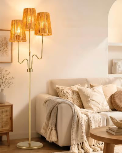 Image of MAYNA 3-Light Gold Boho Floor Lamp with Handwoven Rattan Shades