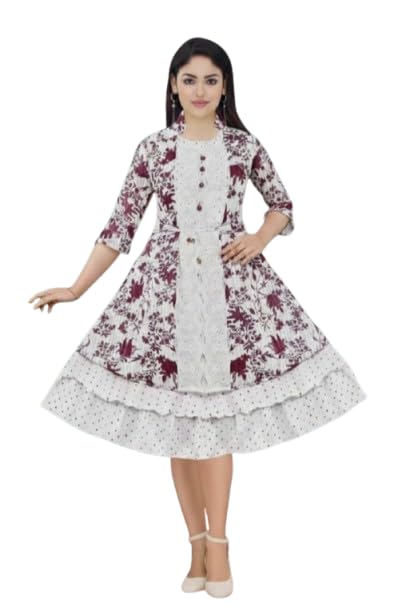 Women's Floral Print Layered Midi Dress with Jacket, White-picture-52