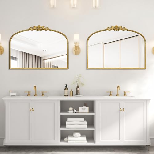 Image of WallBeyond Gold Vintage Mirror for Vanity 32x24 Inch, Gold Antique Mirror with Ornate Frame, Arched Vintage Wall for Bathroom, Living Room, Fireplace, Entryway