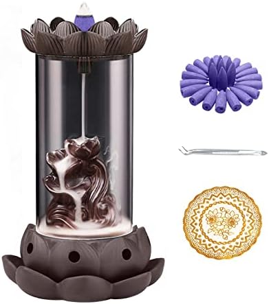 Bvknrre Backflow Incense Burner Lotus Windproof Waterfall Incense Holder Fountain with 100 Backflow Incense Cones for Yoga Office Home Aromatherapy Ornament Decor