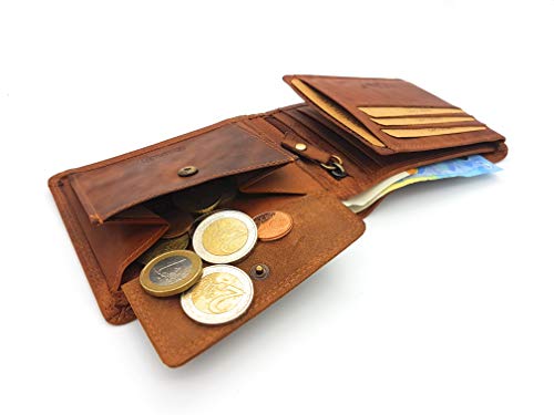 Preisvergleich Produktbild Flache echt Büffel Voll-Leder Geldbörse für Männer, naturbelassenes Hunterleder Portemonnaie mit RFID NFC Schutz