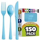 Light Blue Plastic Silverware Heavy Duty 150 Pcs Light Blue Plastic Cutlery Sets, Utensil Sets, 50 Of Each Forks, Knives & Spoons Disposable Cutlery Set, Flatware Set For Party Supplies Exquisite