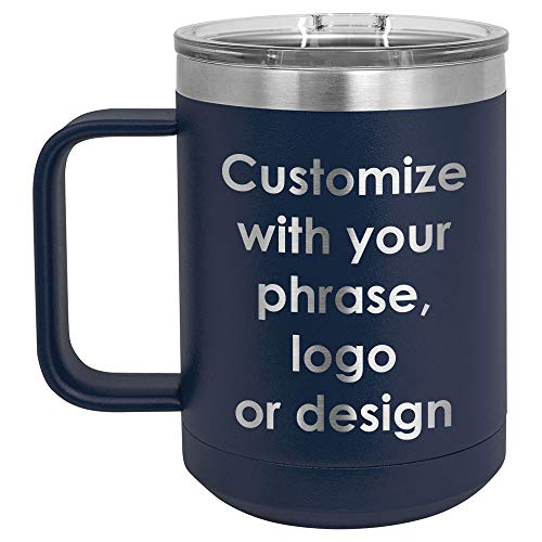 Personalized Navy 15 oz Coffee Mug w/ Slide Top Lid | Add Your Custom Text w/ Names, Phrase, Design or Company Logo | Insulated Travel Coffee Cup | Compare To Yeti Rambler | ONLYGIFTS.COM