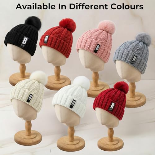 Image of Kraptick Women's Winter Cap - Knit Beanie with Soft Fleece Lining Hat, Stylish Pom Pom Thick Woollen Skull Cap, Warm Hat for Ladies & Girls -3