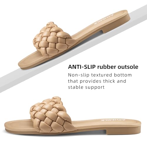 Image of ATHMILE Braided Sandals for Women, Open Toe Flat Summer Slides, Nude Sandal | Woven braided upper with round open toe design, lightweight flat style for beach trips, vacations, and summer outfits.
