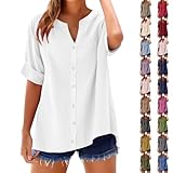 Linen Shirts for Women White S - 2026 Summer Cotton Linen Short Sleeve V Neck Tops Loose Fit Dressy Blouses Plus Size Trendy Beach Vacation Clothes Fashion Cruise Outfits Early Spring Essential